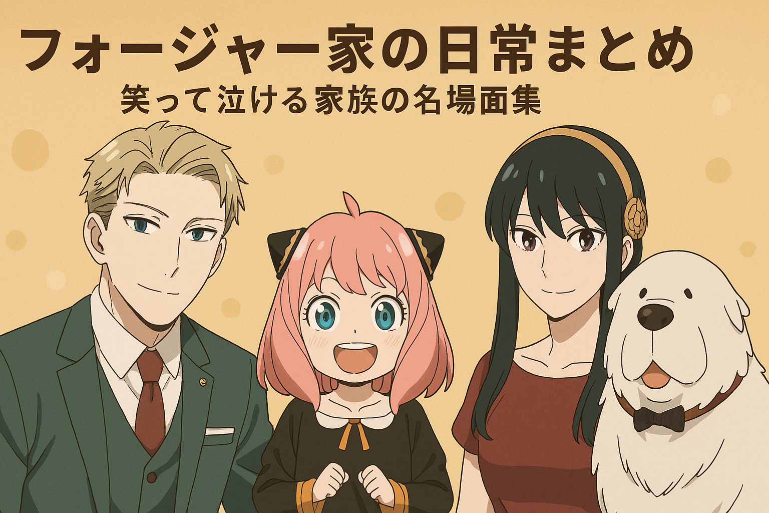 フォージャー家が笑顔で寄り添う家族写真風のイラスト。ロイド、ヨル、アーニャ、ボンドが温かな雰囲気で並んでいる。ヨルは肩を隠した上品な服装を着用。