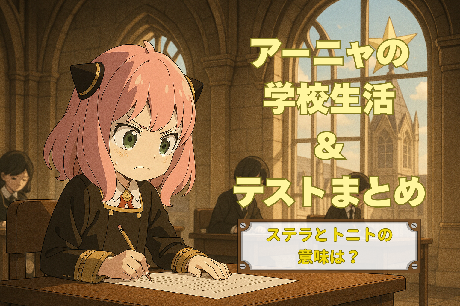 クラシックな教室でテストに挑むピンク髪の少女。真剣な表情で鉛筆を握り、机に向かう姿が印象的なアニメ風イラスト。